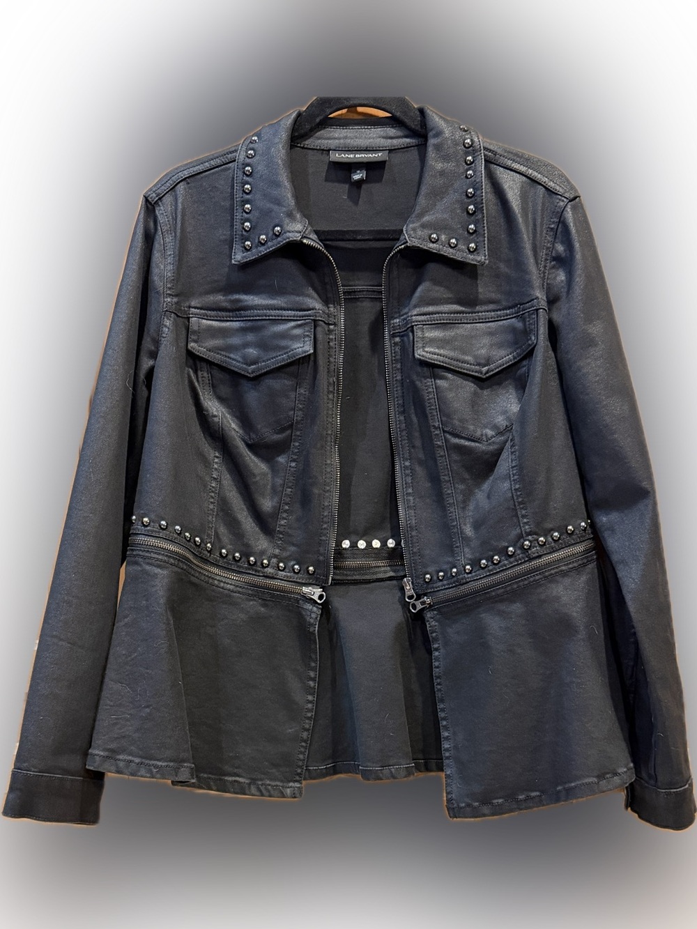 Lane Bryant Studded Faux Leather Moto Jacket Peplum Hem Black, Size 12